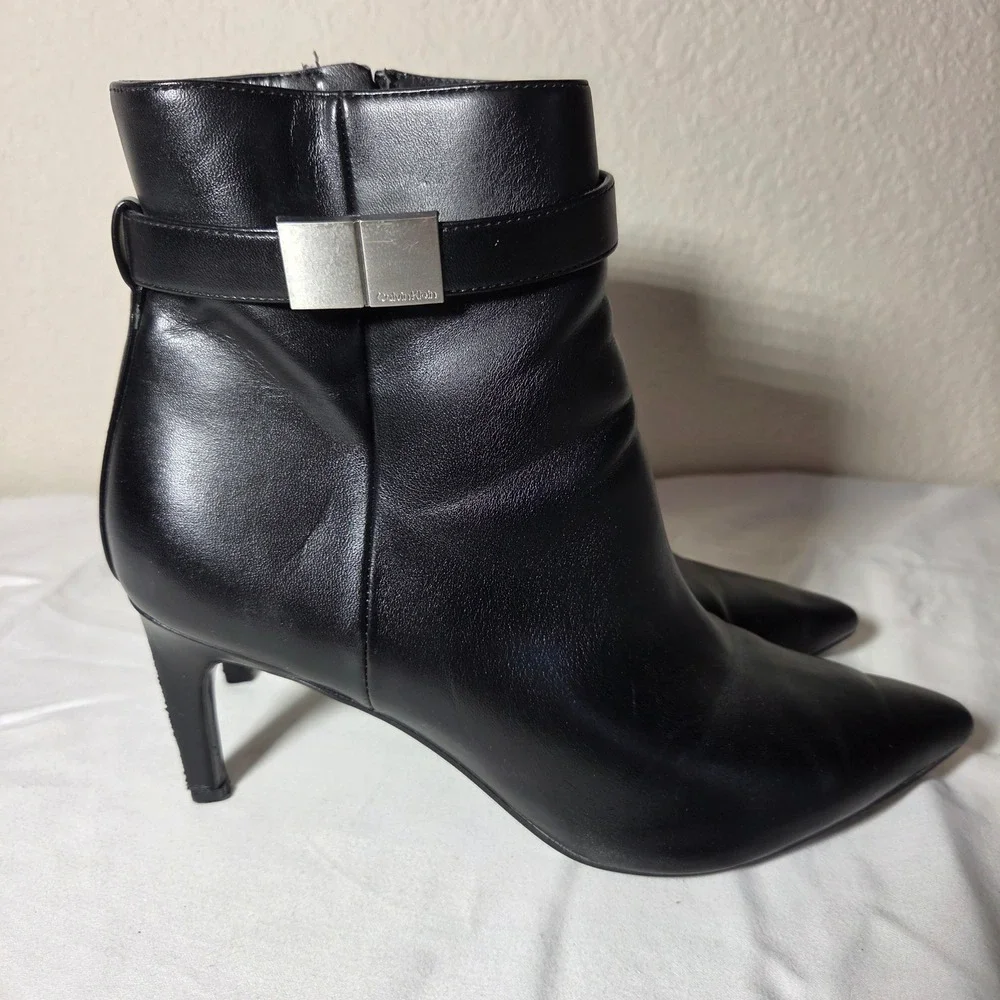 Calvin Klein Black Leather Pointed Toe Ankle Boots Silver Logo Hardware W9.5M